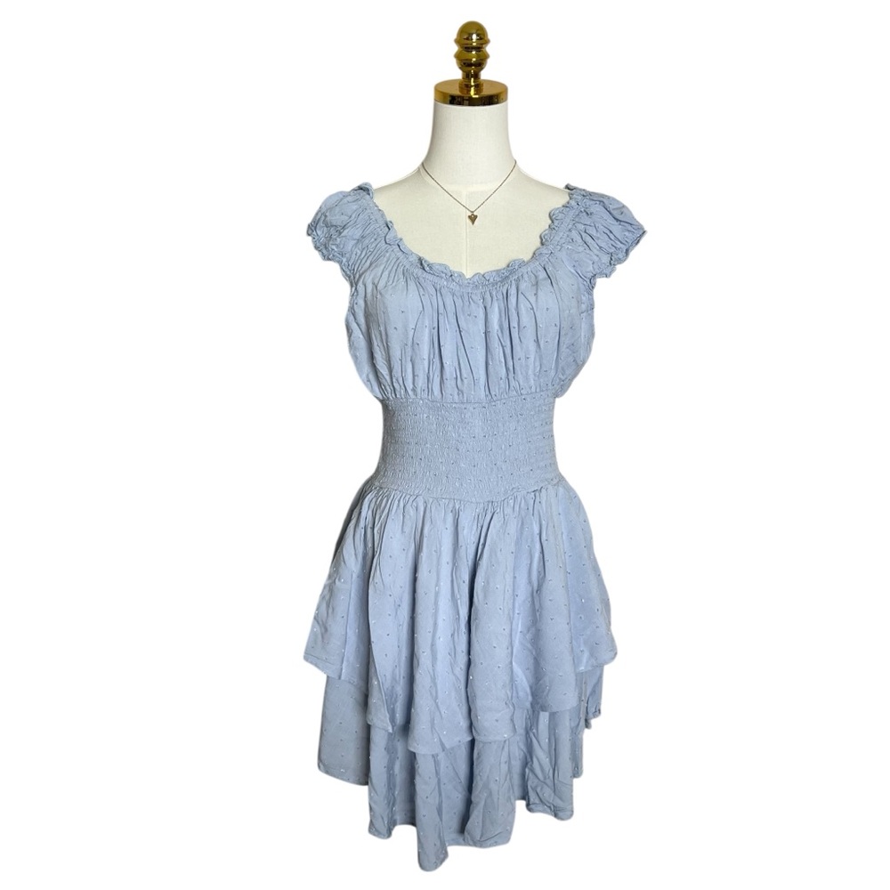 Princess Polly Light Blue Swiss Dot Smocked Tiered Ruffle Mini Dress Womens 10